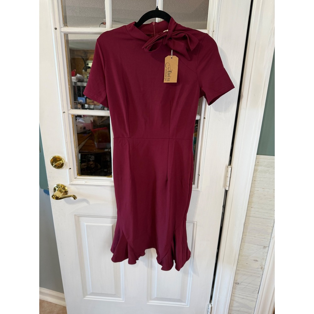 Aisize Burgundy Bow Neck Ruffle Mermaid Hem Bodycon Autumn Dress Small NWT